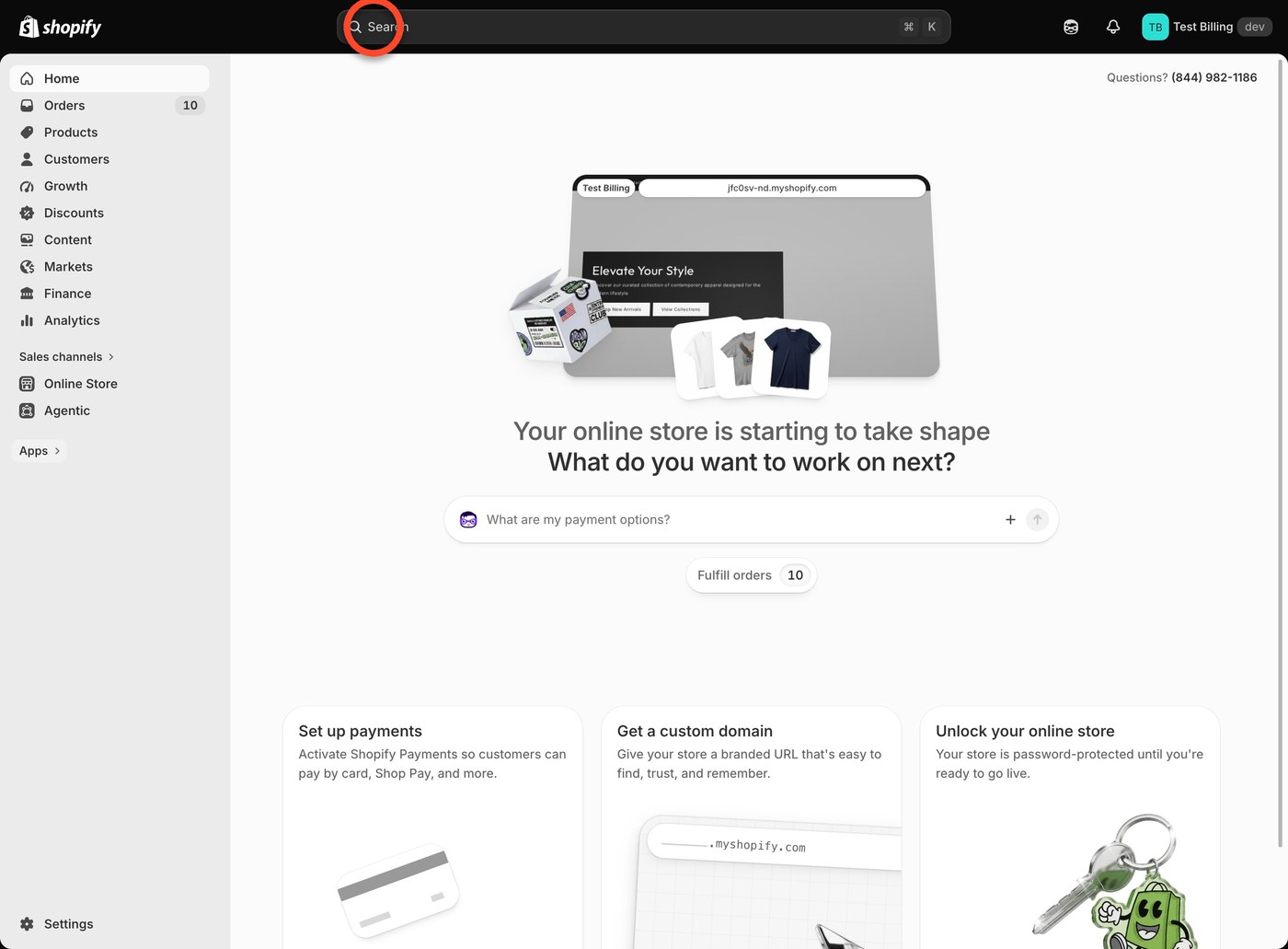 The search bar at the top of the Shopify admin