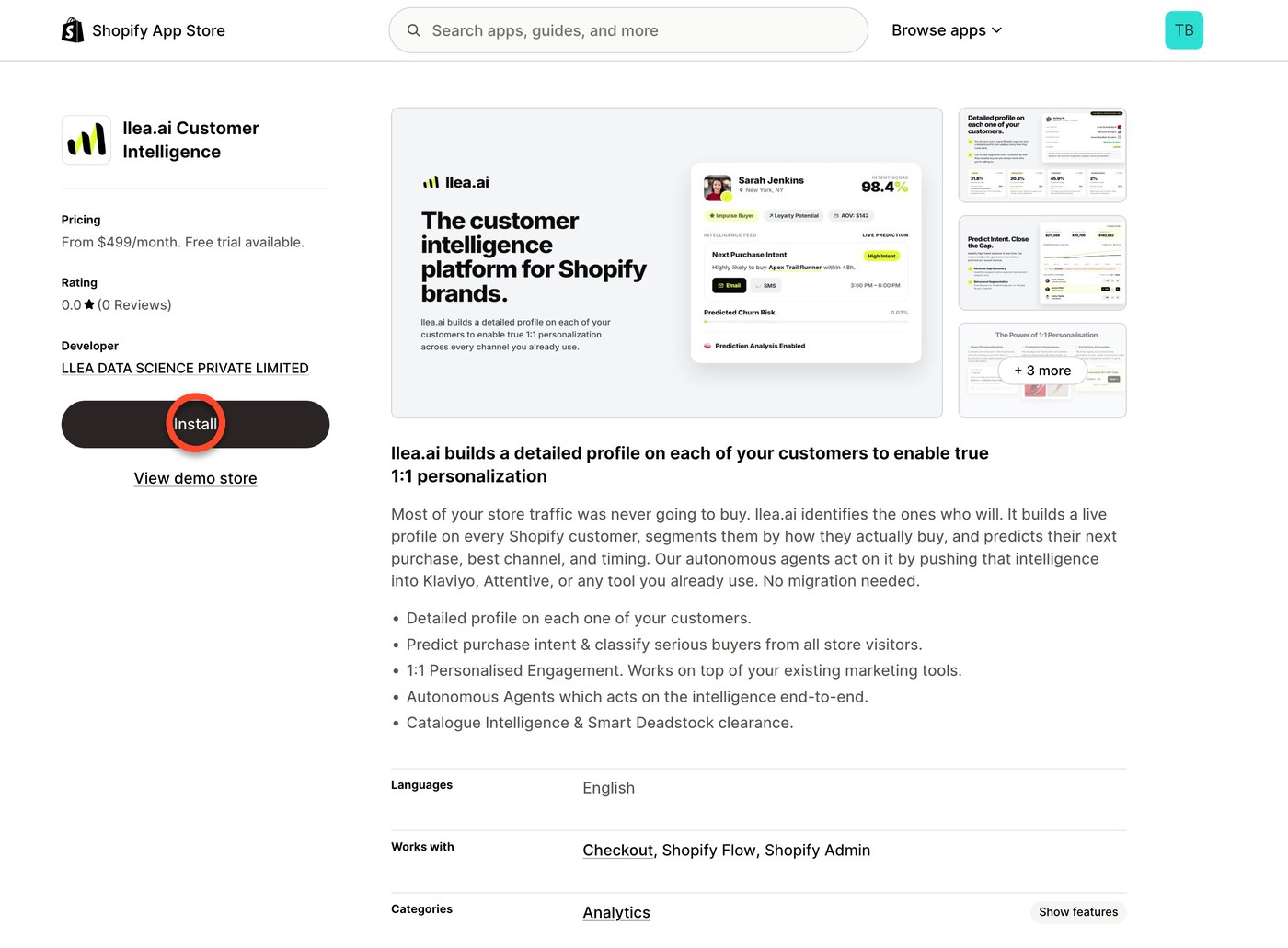 The llea.ai App Store listing page with the Install button