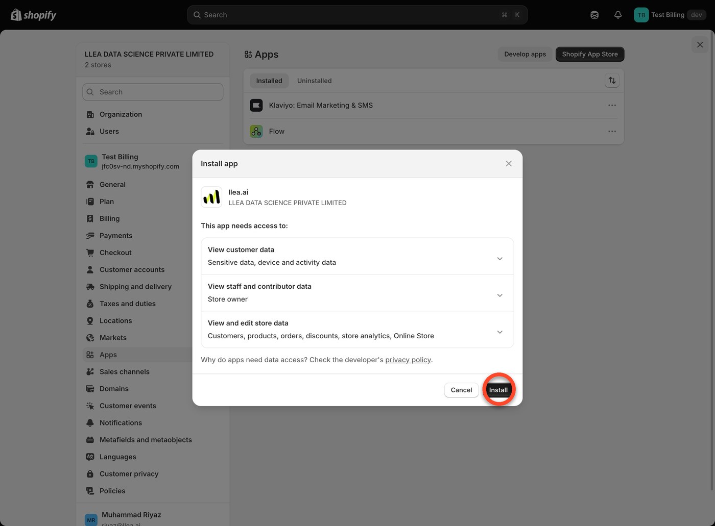 Shopify data access confirmation dialog