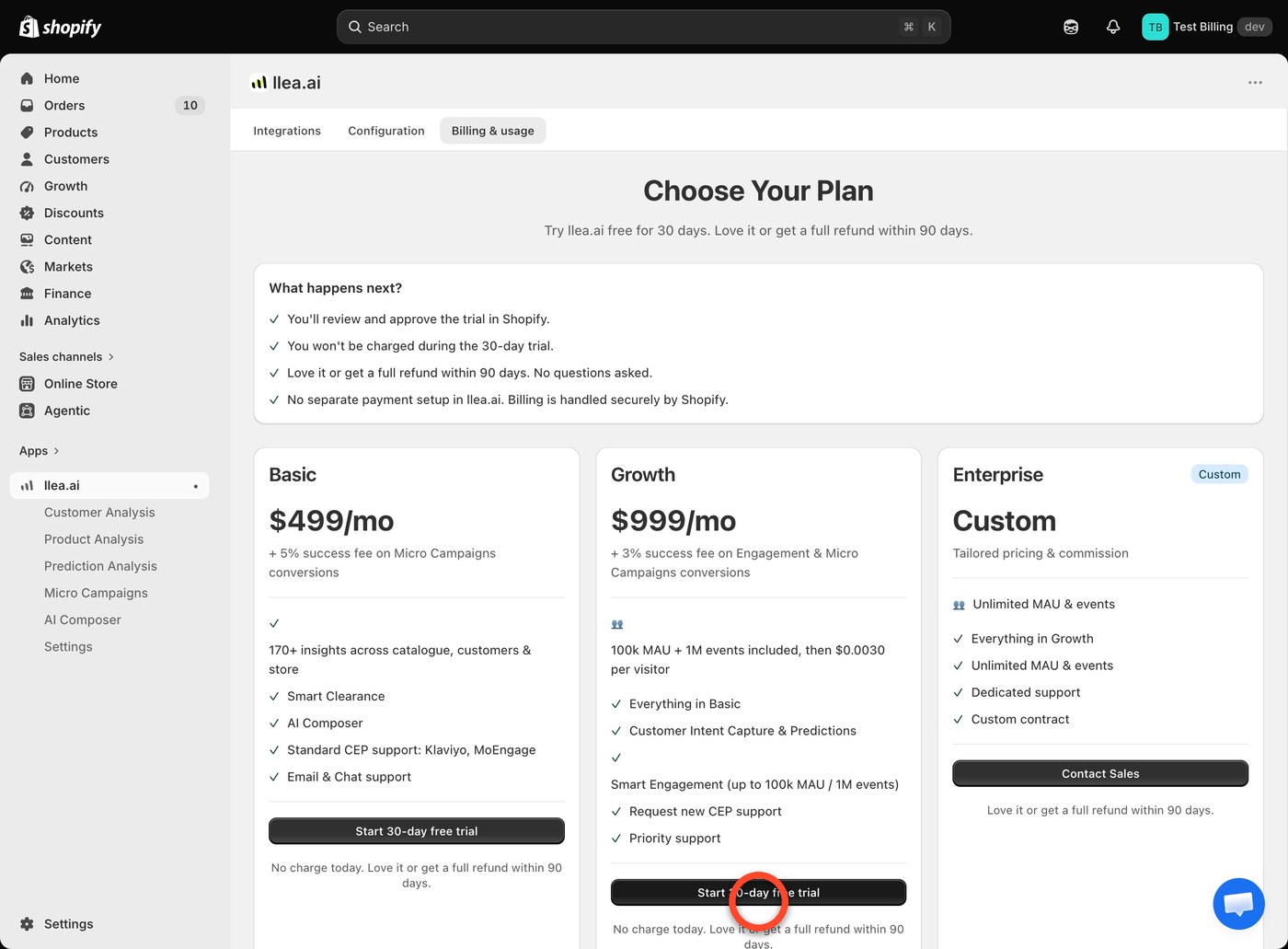 Plan selection with the Start 30-day free trial button