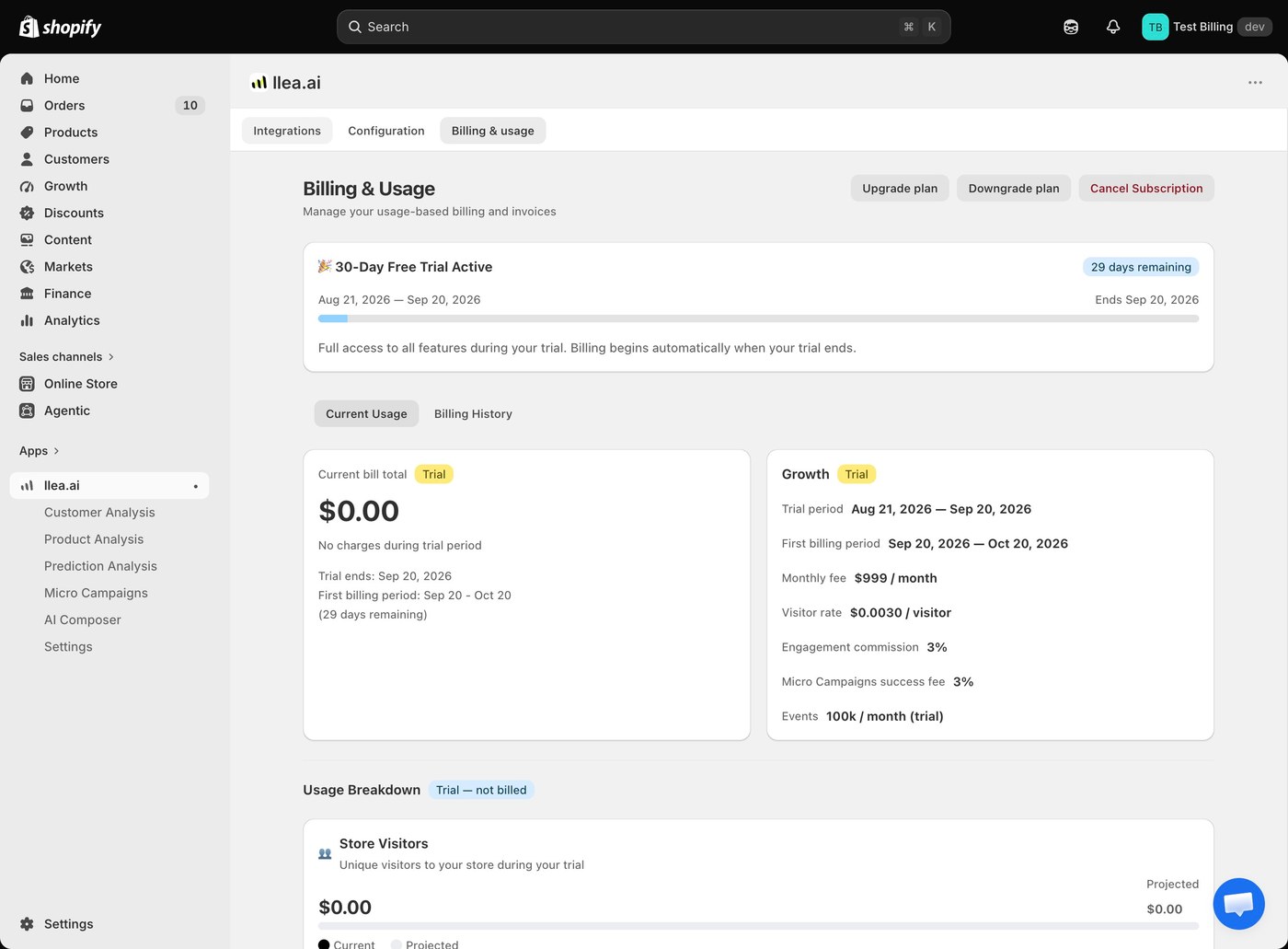 llea.ai Billing and Usage page showing the 30-day free trial active
